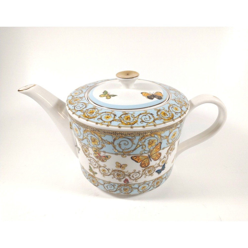 Grace's Teaware Blue Butterfly & Scrolls Teapot w/ Gold Accents